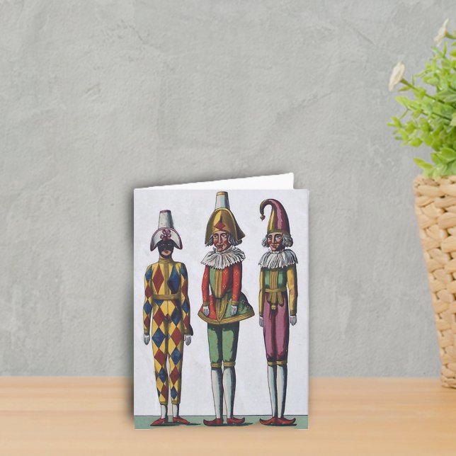 Drei Spaßvogel-Anmerkungs-Karte Karte (Three Dolls in colourful Jester outfits with hats on grey notecards.)