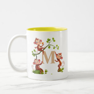 Drei süße Affen und Monogramm-Tasse Zweifarbige Tasse