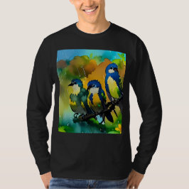 Drei süße bunte Vögel in Regen-Aquarell-Kunst L T-Shirt
