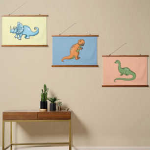 Drei süße Dinosaurier-Illustrationen in Farbe Wandteppich Mit Holzrahmen