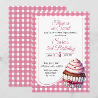 Drei süße rosa Cupcake Mädchen 3. Geburtstagsfeier Einladung