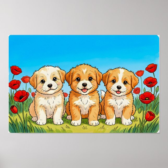 Drei süße Welpen und rote Klatschmohnblumen Poster (Vorne)