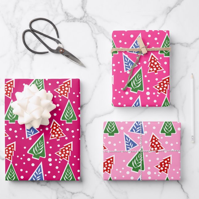 Drei Töne rosa Weihnachtsbäume Geschenkpapier Set (Vorderseite)