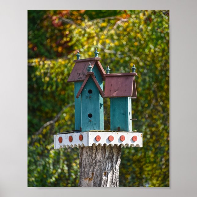 Drei türkisfarbene Birdhouses Poster (Vorne)
