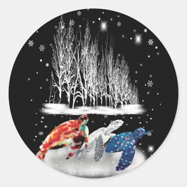 Drei Turtle American T - Shirt Snowflake Weihnacht Runder Aufkleber (Vorderseite)