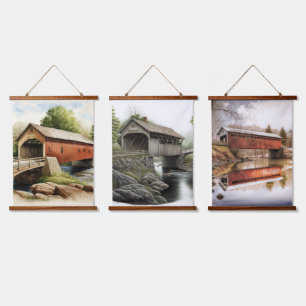Drei überdachte Bridge-Tapisserien Wandteppich Mit Holzrahmen