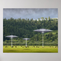 Drei UFOs mit dem Feld des Kühen-Posters