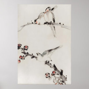 Drei Vögel auf Ästen japanische Feinkunst Poster