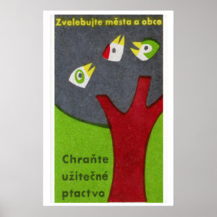 Drei Vögel im Baum - Matchbox-Druck - Tschechische Poster