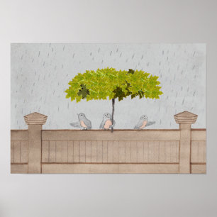 Drei Vögel im Regen Poster