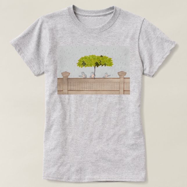 Drei Vögel im Regen T-Shirt (Design vorne)