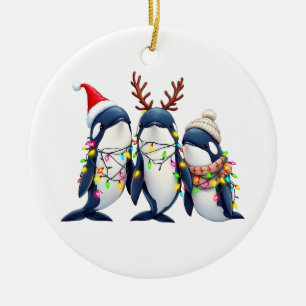 Drei Wale mit Weihnachtsfeiertag-Weihnachtsmannmüt Keramik Ornament