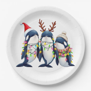 Drei Wale mit Weihnachtsfeiertag-Weihnachtsmannmüt Pappteller