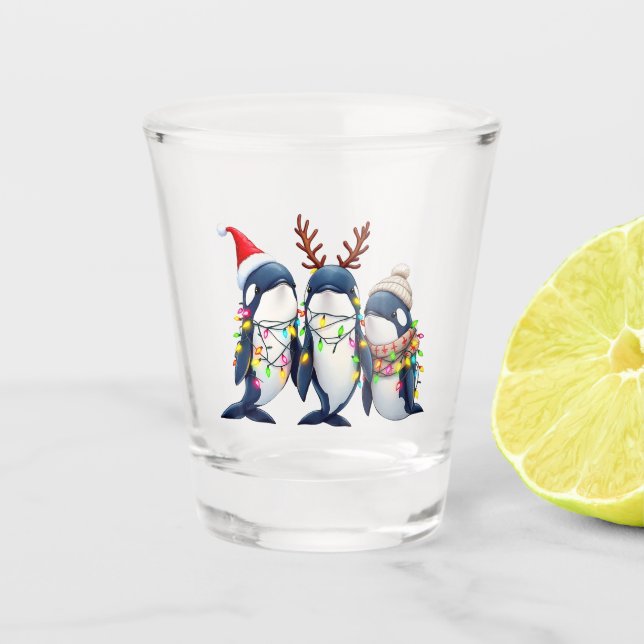 Drei Wale mit Weihnachtsfeiertag-Weihnachtsmannmüt Schnapsglas (Vorderseite)