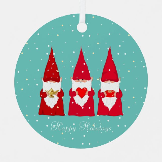 Drei Weihnachtsgnomen auf Aquamarinen Ornament Aus Metall (Vorderseite)