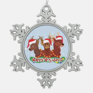 Drei Weihnachtsrotwild Schneeflocken Zinn-Ornament
