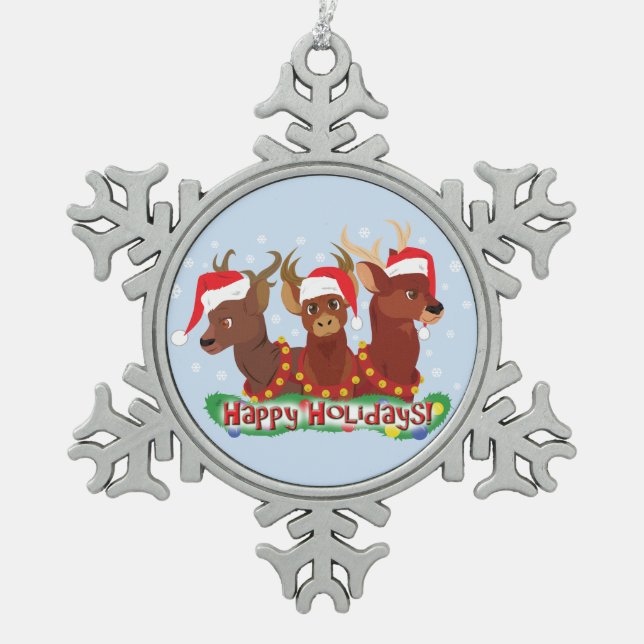 Drei Weihnachtsrotwild Schneeflocken Zinn-Ornament (Vorderseite)