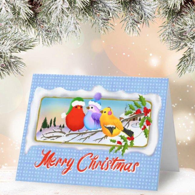 Drei Weihnachtsschwangvögel auf dem Zweig Holly Feiertagskarte (Von Creator hochgeladen)