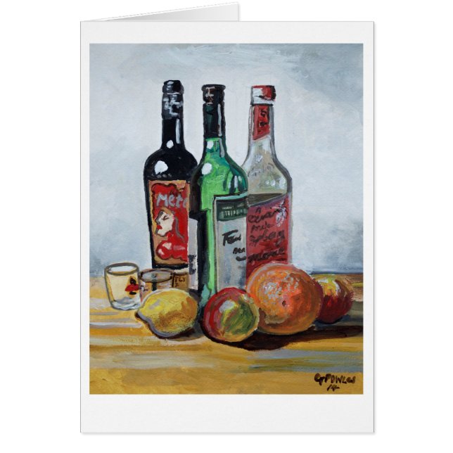 Drei Weinflaschen und Obst (Vorne)