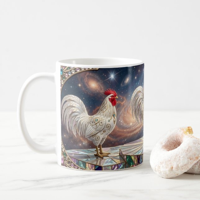 Drei weiße Hähne. Kaffeetasse (Mit Donut)