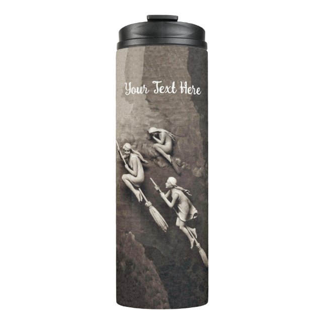 Drei weiße Hexen, die auf dem Brooms Mix aus Braun Thermosbecher (Vorderseite)