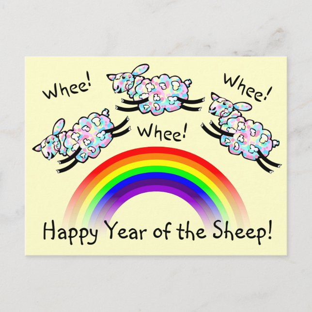 Drei, wenn Schafe ein Rainbow-Happy Year sprengen Postkarte (Vorderseite)
