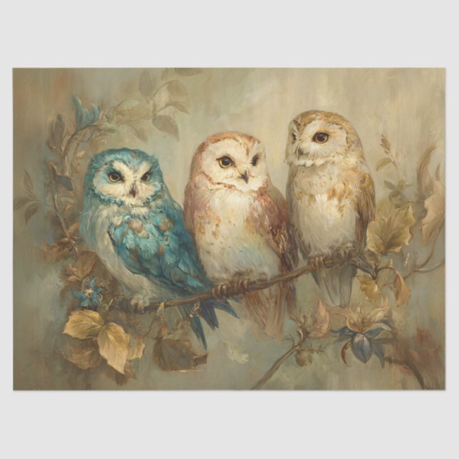 Drei Whimsical Owls auf einer Branch-Dekoupage Seidenpapier (Vorderseite)