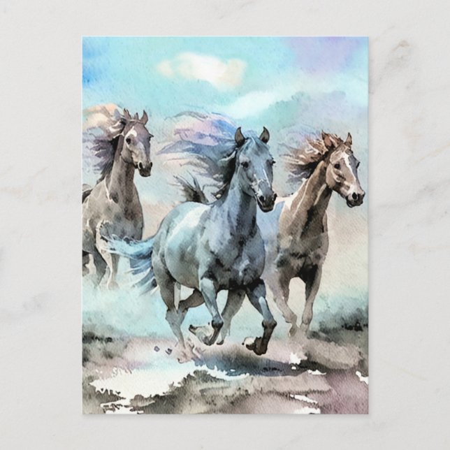 Drei wilde Mustangs-Rennen quer durch die Ebenen Postkarte (Vorderseite)