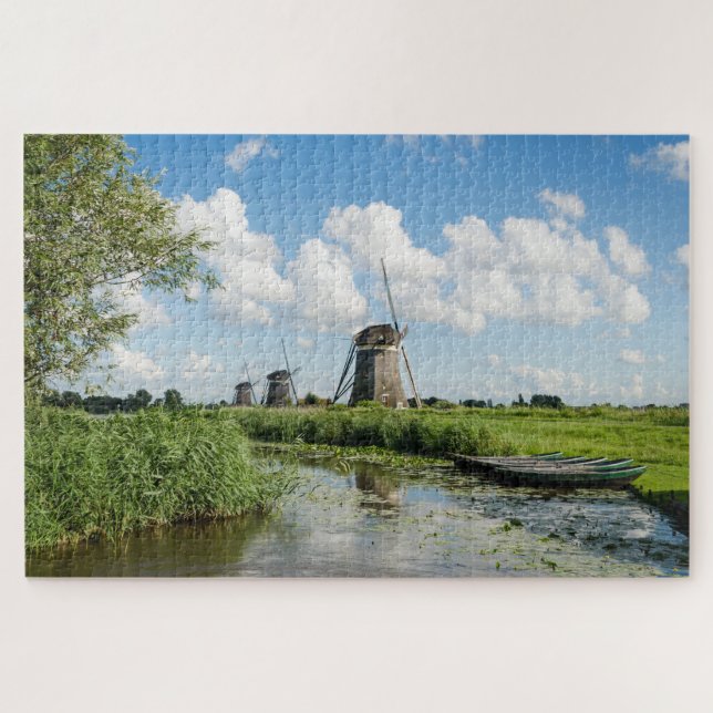 Drei Windmühlen und ein Kanal mit Booten in Hollan Puzzle (Horizontal)