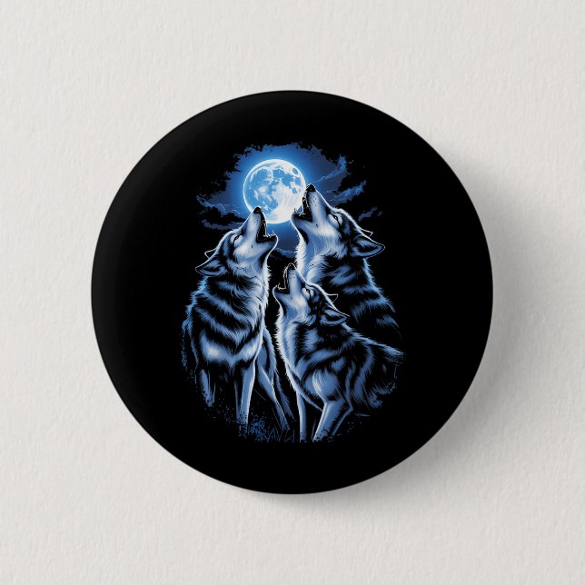 Drei Wolf Heulender Mond Wildtiere Wolf Liebhaber Button (Vorderseite)