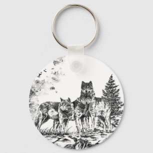 Drei Wolf-Illustrations-Schlüsselkette Schlüsselanhänger