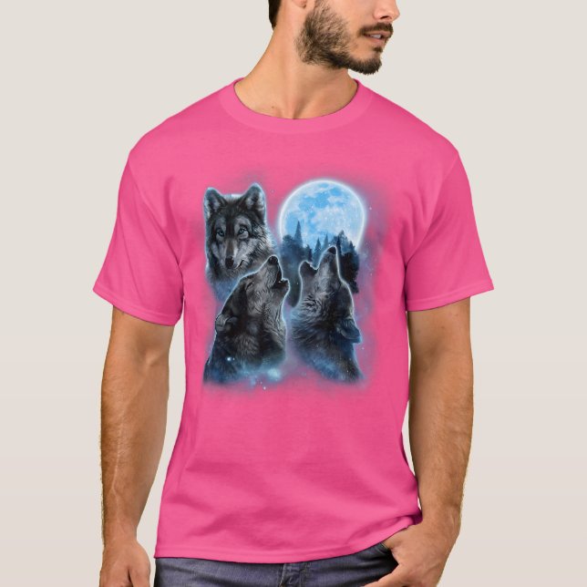 Drei Wölfe, die unter Icy Full Moon Grauer Wolf he T-Shirt (Vorderseite)