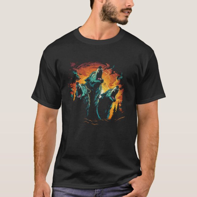 Drei Wölfe heulen am Mond Coolen Herren Wolf L T-Shirt (Vorderseite)