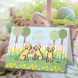 Drei-Yellow Labrador Oaster Bunnies Garden Feiertagskarte
