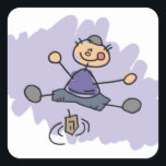 Dreidel Boy Quadratischer Aufkleber<br><div class="desc">Kinderartiges zeichn eines Jungen,  der das dreifache dreht.</div>