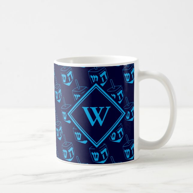 DREIDEL Happy Hanukkah Hebrew BLUE CYAN Monogram Kaffeetasse (Rechts)