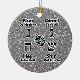 Dreidel Instructions Happy Hanukkah Silver Glitzer Keramikornament