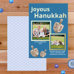 Dreidel Rustic Oak Blue 2 Foto Joyous Hanukkah<br><div class="desc">Diese personalisierten Hanukkah-Karten sind speziell mit zwei Ihrer Lieblings-Fotos und echter Goldfolie-Druck gemacht. Der schlichte, dunkelblaue Hintergrund Set den Ton für zwei Ihrer Bilder, die in groben Streifen echter Goldfolie gerahmt sind, mit drei Imitaten im Eichenholzstil dreidimensional dreidimensionale, oben und unten verstreute, um das Design auszugleichen. JOYOUS HANUKKAH in einfachen,...</div>