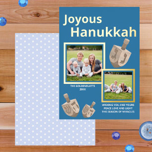 Dreidel Rustic Oak Blue 2 Foto Joyous Hanukkah Folien Feiertagskarte