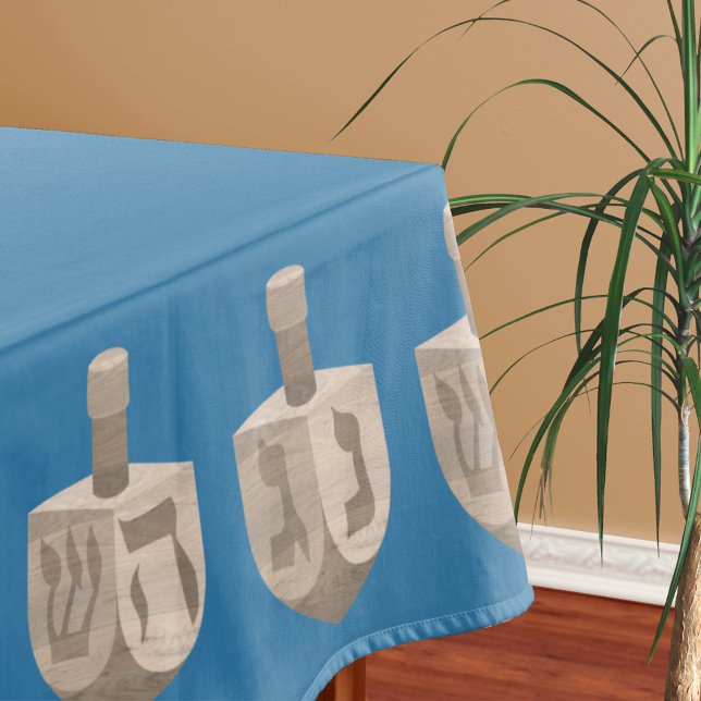 Dreidel Rustic Oak Blue Jewish Holiday Hanukkah Tischdecke (Dress up your Hanukkah table for parties and dinners with this blue & faux wood dreidels tablecloth)