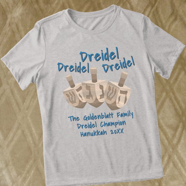Dreidel Rustic Oak Champion Hanukkah Funny Tri-Blend Shirt (Personalize this cute dreidel tee shirt for Hanukkah with your own custom dark blue text)