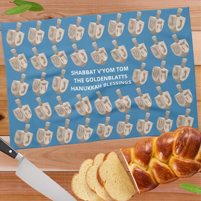 Dreidel Rustic Oak Hanukkah Custom Challah Cover Geschirrtuch (Add your name and custom text to this dreidel pattern Hanukkah kitchen towel or remove for no text)