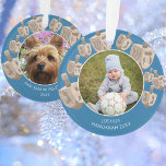 Dreidel Rustikales Eichenholz Doppelseitig 2 Foto  Ornament<br><div class="desc">Personalisieren Sie diese niedlichen runden Hanukkah-Ornamente mit 2 Fotos und Text auf jeder Seite. Diese zweiseitig gestalteten Ferienschmuck sind mit 9 Imitaten aus Eichenholz-Dreiblättern von groß bis klein rund um den Rand bedruckt, die auf einem Hintergrund von mitteldunkelblau gedruckt sind. Ihr Foto in der Mitte des Ornaments erscheint als rundes...</div>