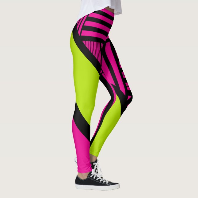 Dreiecksstreifen in Kalkgrün, Hot Pink und Schwarz Leggings (Rechts)