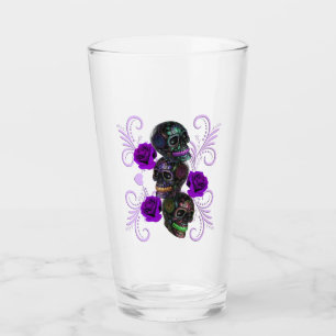 Dreier Schwarzer Tag der Toten Schädel Lila Rose Glas