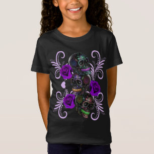 Dreier Schwarzer Tag der Toten Schädel Lila Rose T-Shirt
