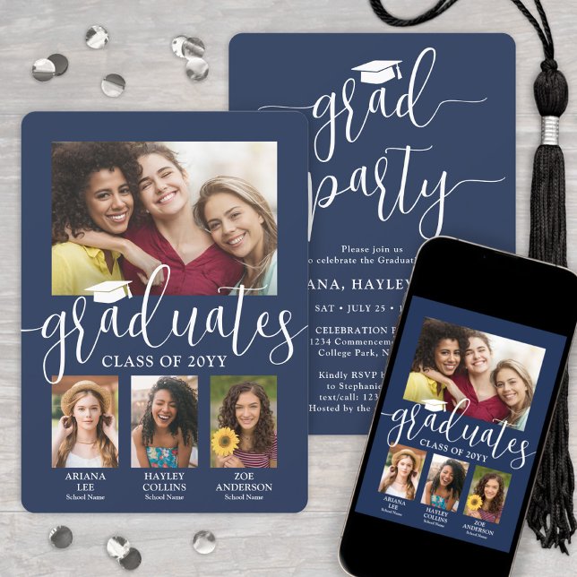 Dreifach Abschluss Fotos Navy & White Joint Party Einladung (Von Creator hochgeladen)
