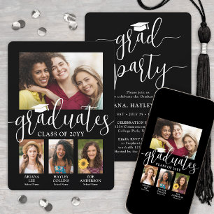 Dreifach-Abschluss-Fotos Schwarzweiß-Party Einladung