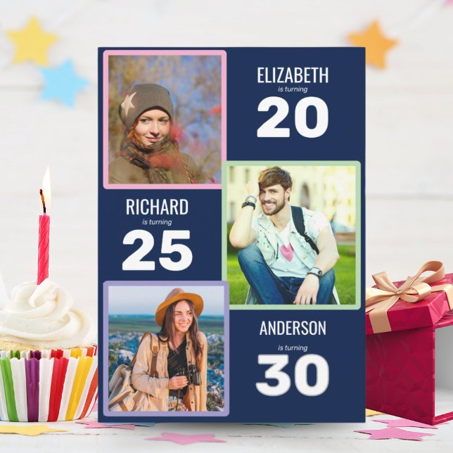 Dreifach Foto Blau und Silber Gemeinsame Geburtsta Einladung (Von Creator hochgeladen)