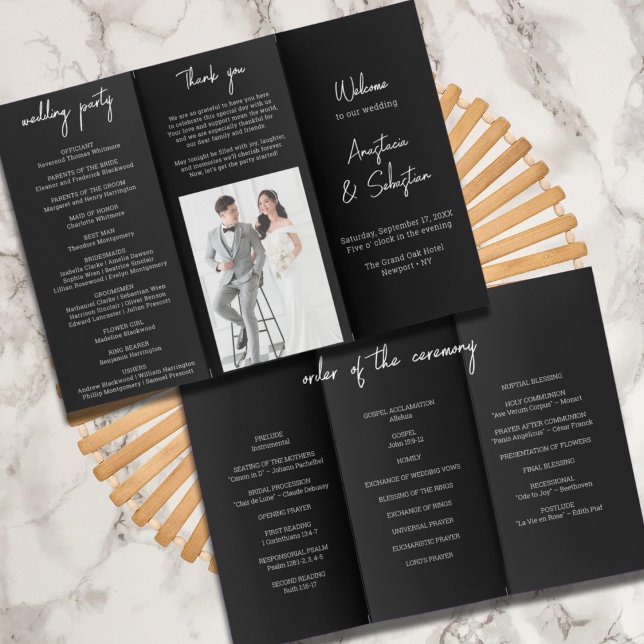 Dreifache Hochzeitskampagne für Schwarz/Weiß-Chic Flyer (Black & White Chic Script Trifold Wedding Program Flyer)